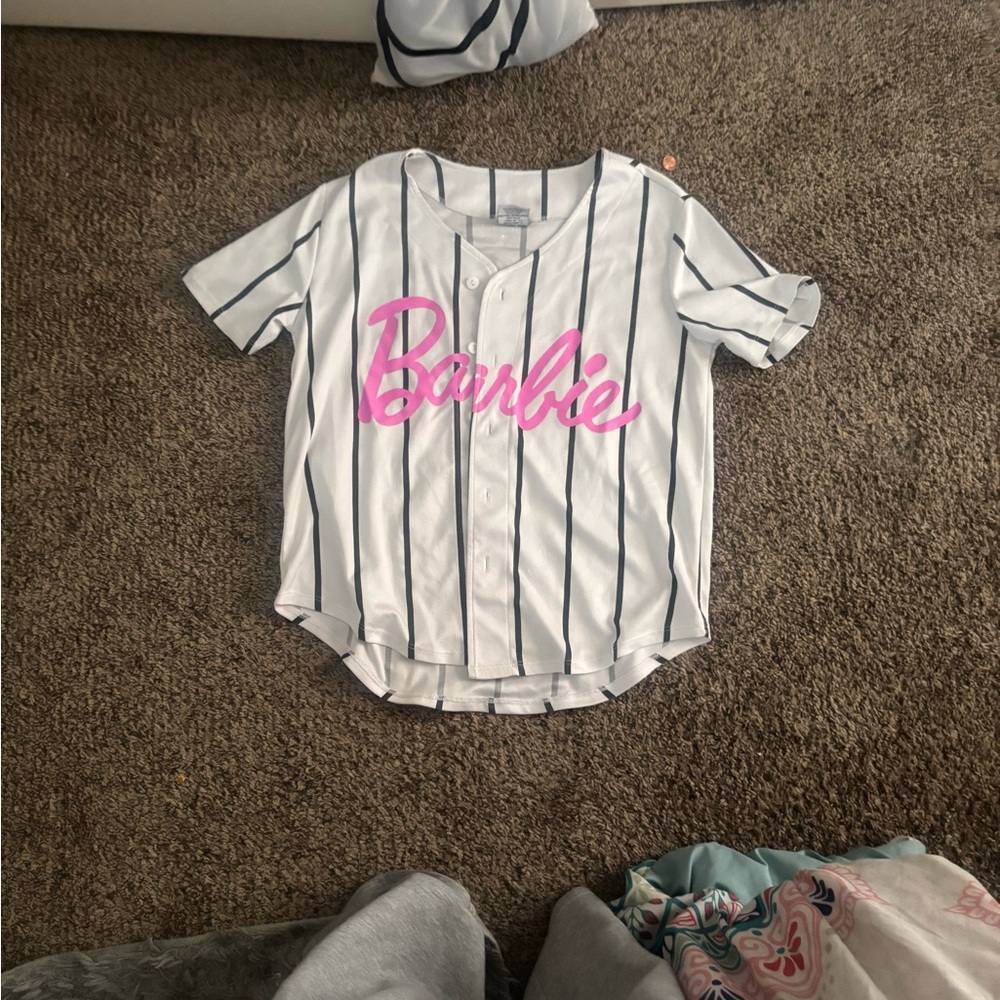 Barbie White Shirt with Pink Logo and Black Stripes